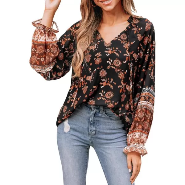 imageCUPSHE Women Blouses Paisley Floral Print Tie Neck Top Long Sleeves V Neck ShirtsBlack