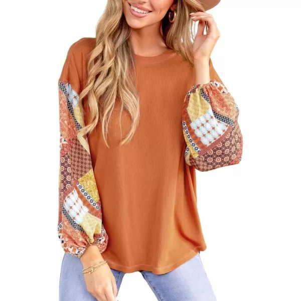 imageCUPSHE Women Blouses Patchwork Peasant Sleeve Pullover Long Balloon Sleeves TopsOrange