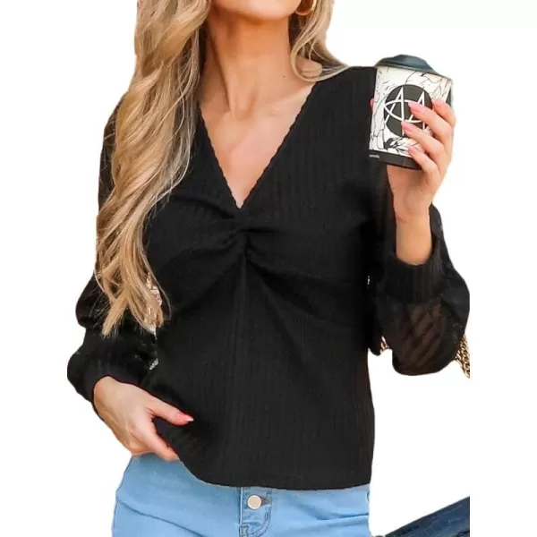 imageCUPSHE Women Blouses Ribbed Contrast Mesh Long Sleeve Top V Neck Mesh Sleeves ShirtsBlack