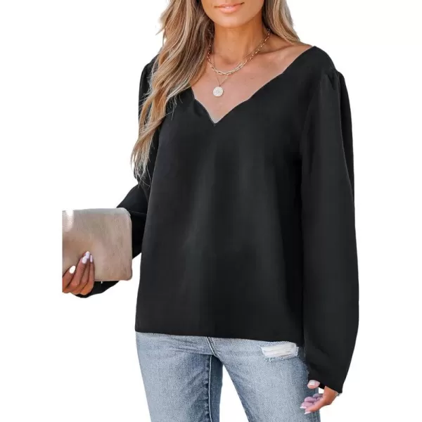 imageCUPSHE Women Blouses Scalloped VNeck Tops Long Sleeves ShirtsBlack