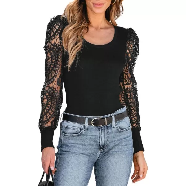 imageCUPSHE Women Blouses Square Neck Cutout Lace Sleeve Tops Long Sleeve Shirt CasualBlack