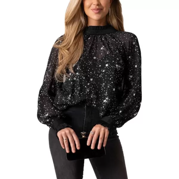 imageCUPSHE Women Blouses Star Print SemiSheer Ruffled Long Sleeve Mock Neck Shirt Dressy PartyBlack