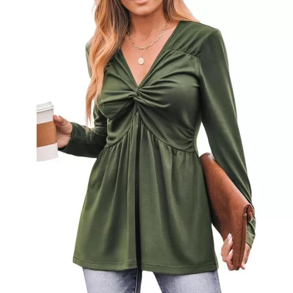 imageCUPSHE Women Blouses Twisted Front Tops V Neck Long Sleeves ShirtsGreen