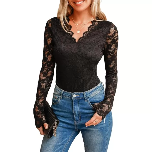 imageCUPSHE Women Bodysuits Floral Lace Long Sleeve Bodysuit Lace V Neck Leotard Sexy CasualBlack