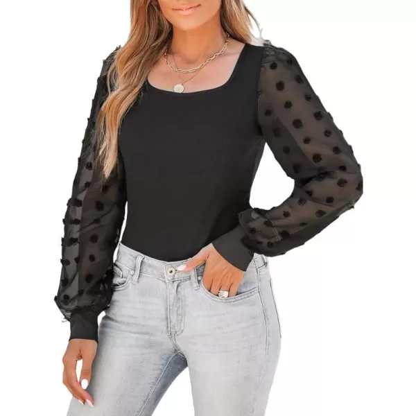 imageCUPSHE Women Bodysuits Swiss Dot Ribbed Bodysuit Lace Long Sleeves Leotard Sexy CasualBlack