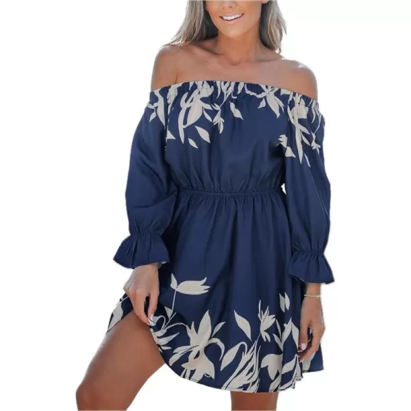 imageCUPSHE Women Boho Paisley Dress Off Shoulder Ruffled 34 Sleeve Beach Summer A Line Mini DressNavy Blue