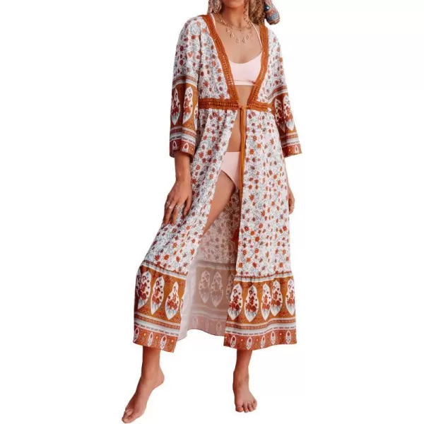 imageCUPSHE Women Boho Tassel Lace Trims Cover Up Bell Sleeve Tie Waist Maxi KimonoRed
