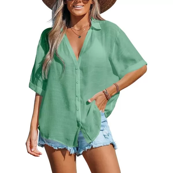 imageCUPSHE Women Buttoned CoverUp Shirt Casual Summer Short Sleeves Solid Cover UpGreen