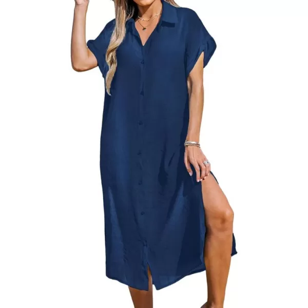 imageCUPSHE Women Buttoned CoverUp Shirt Dress Summer Short Sleeve Split Midi DressesDark Blue