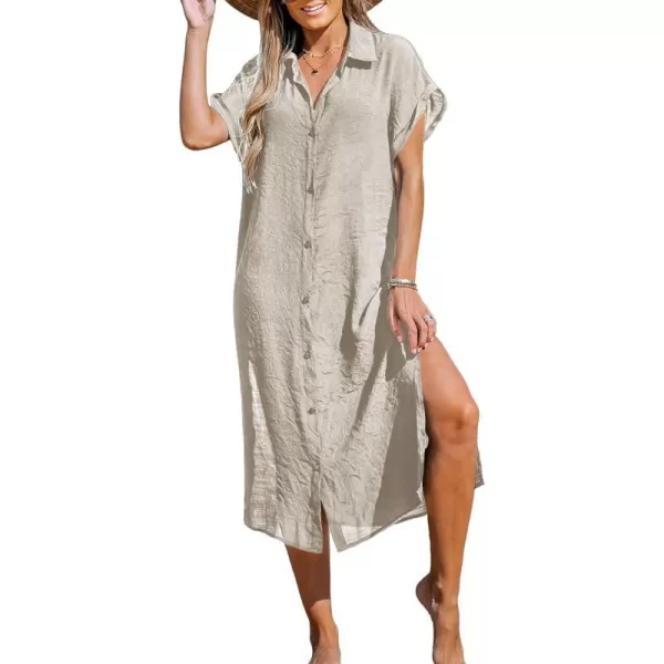imageCUPSHE Women Buttoned CoverUp Shirt Dress Summer Short Sleeve Split Midi DressesLight Brown