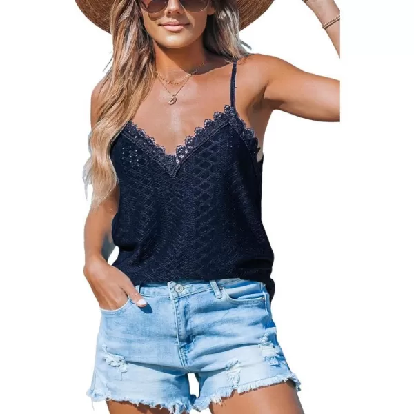 imageCUPSHE Women Camisole Tops Lace Sleeveless V Neck Cami Spaghetti Strap Cutout Tank BlousesNavy