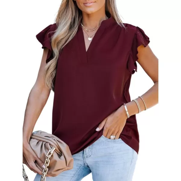 imageCUPSHE Women Cap Sleeve Split Neck Ruffled Tops Summer Casual Solid ShirtsWine Red