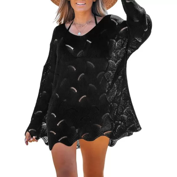 imageCUPSHE Women Casual Cut Out Swim Cover Up Drop Shoulder Long Sleeve VNeck CoverUpsBlack