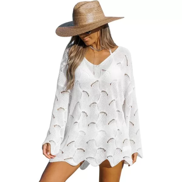 imageCUPSHE Women Casual Cut Out Swim Cover Up Drop Shoulder Long Sleeve VNeck CoverUpsWhite