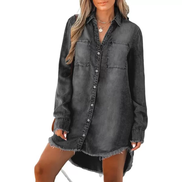 imageCUPSHE Women Casual Denim Oversized Shirt Long Sleeve Lapel Collar Button Down Shirts Dolphin HemBlack