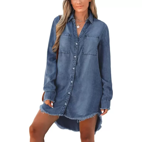imageCUPSHE Women Casual Denim Oversized Shirt Long Sleeve Lapel Collar Button Down Shirts Dolphin HemDark Blue