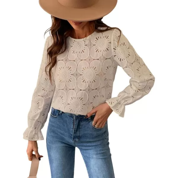 imageCUPSHE Women Casual Embroidered Floral Eyelet Long Sleeve Blouses Trumpet Sleeve Woven Slim Fit Blouse TopsBeige