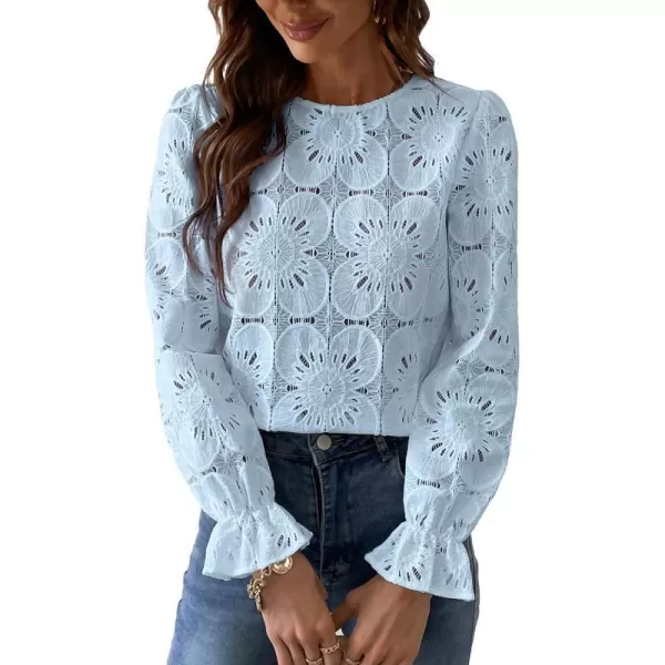 imageCUPSHE Women Casual Embroidered Floral Eyelet Long Sleeve Blouses Trumpet Sleeve Woven Slim Fit Blouse TopsBlue