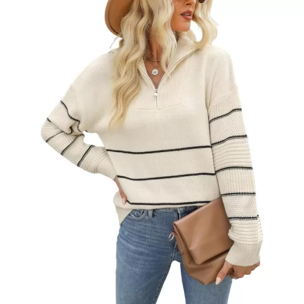 imageCUPSHE Women Casual Long Sleeve Half Zip Pullover Sweater Striped V Neck Collar Cable Knit Jumper TopsWhite