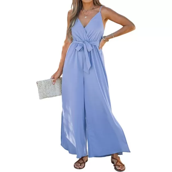 imageCUPSHE Women Casual Loose Sleeveless Jumpsuit Belted Spaghetti Strap Wide Leg Long Romper OutfitBlue