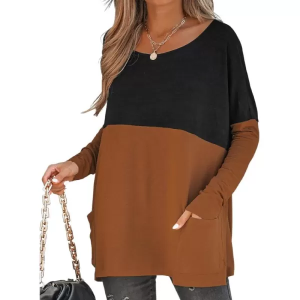 imageCUPSHE Women Casual Patchwork Oversized Tee Autumn Long Sleeve Scoop Neck Tops with PocketsMulticolor