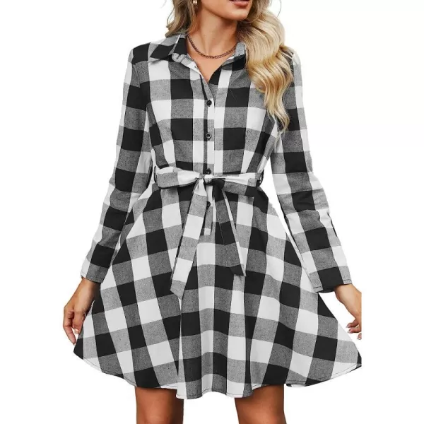 imageCUPSHE Women Casual Plaid Mini Dress Winter Long Sleeve Button Down Aline Dresses with BeltBlack