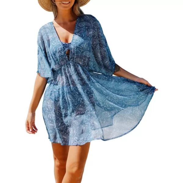 imageCUPSHE Women Chiffon Paisley Print CoverUp Dress Plunge VNeck Loose Fit Beach SwimwearBlue