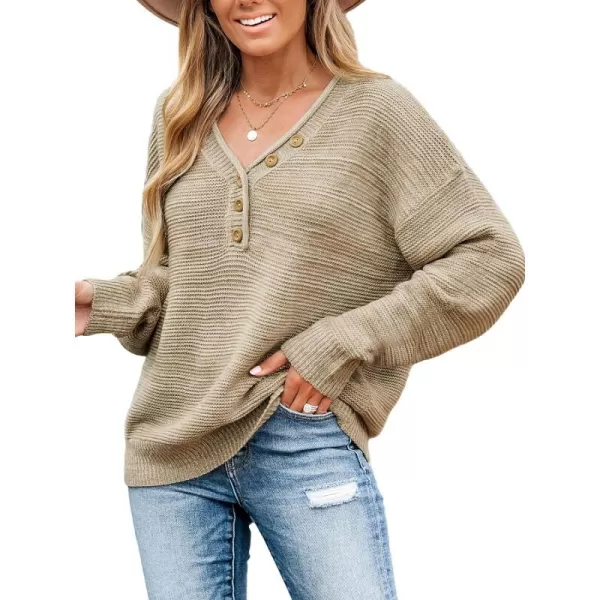 imageCUPSHE Women Chunky Knit Buttoned VNeck Sweater Ribbed Trim Drop Long Sleeve SweatersKhaki