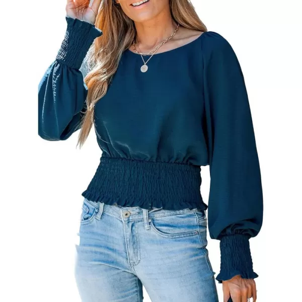 imageCUPSHE Women Cobalt Ruffled Smocked Top Long Bishop Sleeves Shirts Crew Neck BlousesDark Blue