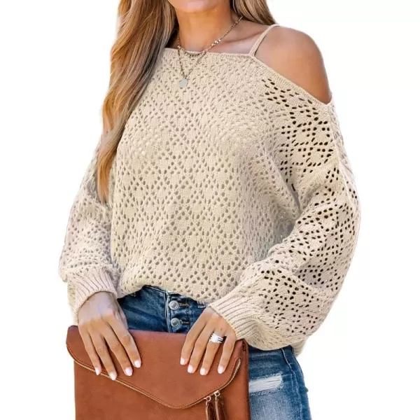 imageCUPSHE Women Coffee Cutout Crochet OneShoulder Sweater Cami Long Sleeves Ribbed TrimBeige