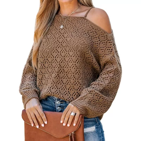 imageCUPSHE Women Coffee Cutout Crochet OneShoulder Sweater Cami Long Sleeves Ribbed TrimCoffee