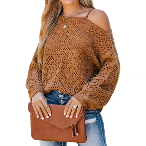 imageCUPSHE Women Coffee Cutout Crochet OneShoulder Sweater Cami Long Sleeves Ribbed TrimOrange