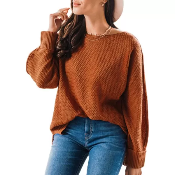 imageCUPSHE Women Crew Neck Sweater Tops Long Sleeves Pullover Loose Sweaters Neutral Split Hem Casual BrownBrown