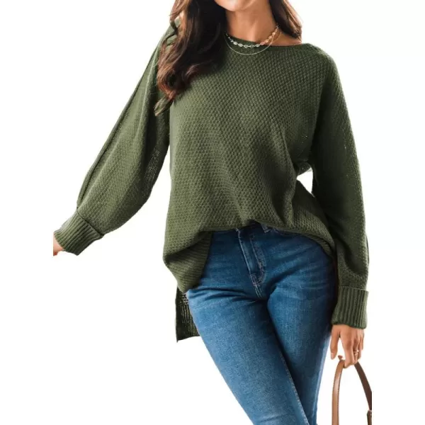 imageCUPSHE Women Crew Neck Sweater Tops Long Sleeves Pullover Loose Sweaters Neutral Split Hem Casual BrownGreen