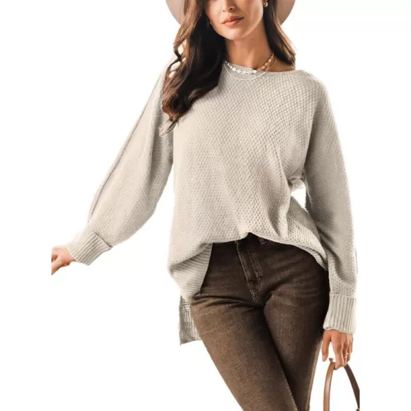 imageCUPSHE Women Crew Neck Sweater Tops Long Sleeves Pullover Loose Sweaters Neutral Split Hem Casual BrownWhite