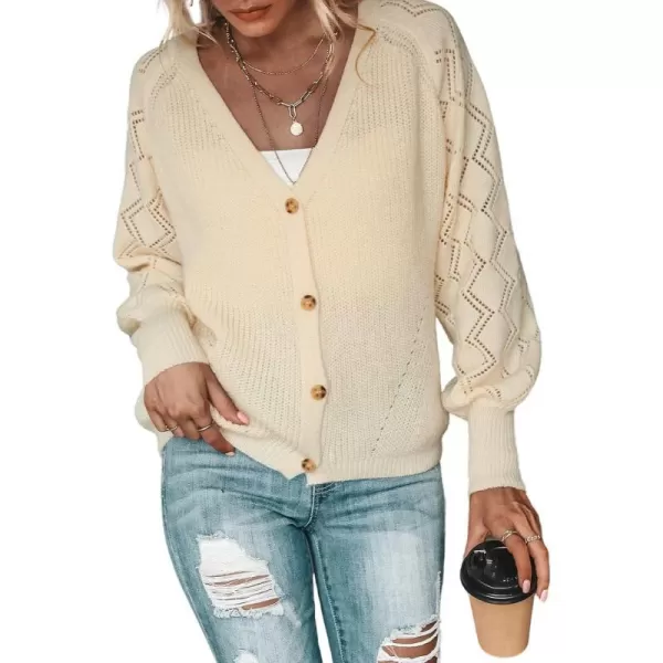imageCUPSHE Women Crochet Knit ButtonFront Cardigan for Winter Long Sleeve Ribbed Trim VNeck KnitwearChampagne