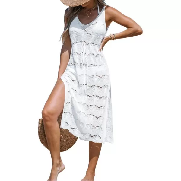 imageCUPSHE Women Crochet VNeck Drawstring CoverUp Dress Sleeveless V Neck Cover Up SummerWhite