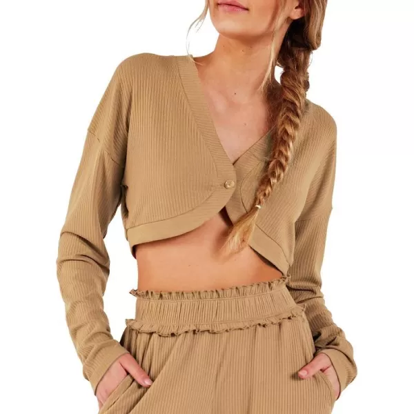 imageCUPSHE Women Crop Sweatshirts Front Open VNeck Long Sleeve Top BrownCUPSHE Women Crop Sweatshirts Front Open VNeck Long Sleeve Top Brown