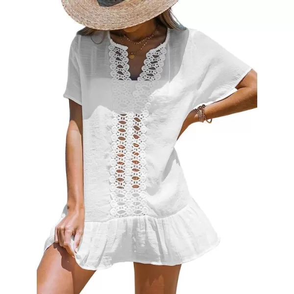 imageCUPSHE Women Cutout Lace CoverUp Dress Lace V Neck Cover Ups Casual Beach SummerWhite