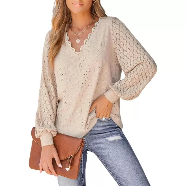 imageCUPSHE Women Cutout Scalloped Lace Top Long Lace Sleeves Shirts V Neck BlousesApricot