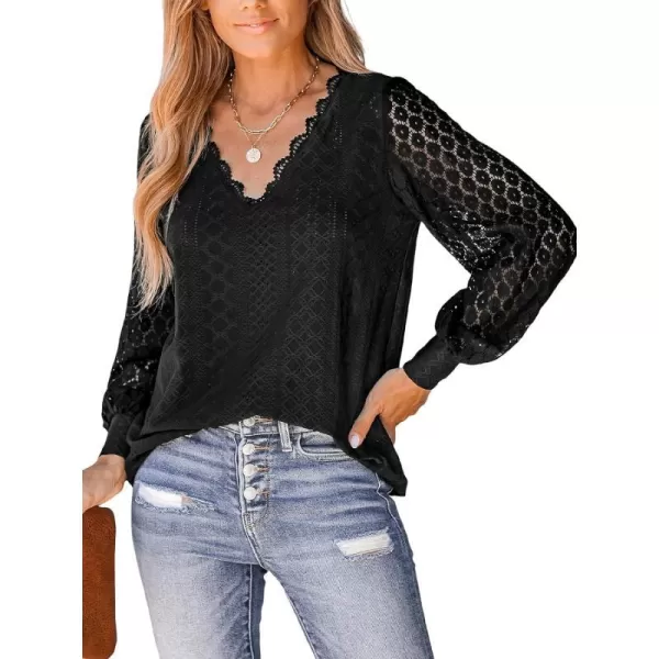 imageCUPSHE Women Cutout Scalloped Lace Top Long Lace Sleeves Shirts V Neck BlousesBlack
