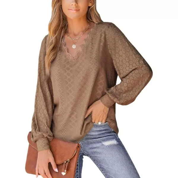imageCUPSHE Women Cutout Scalloped Lace Top Long Lace Sleeves Shirts V Neck BlousesBrown