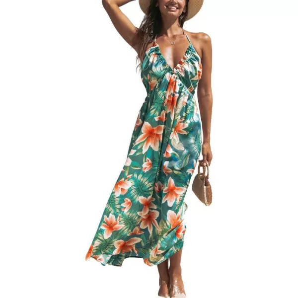 imageCUPSHE Women Dress Halter Smocked Plunge V Neck Sleeveless Long Solid Fitted Waist Maxi DressTropical Floral Green