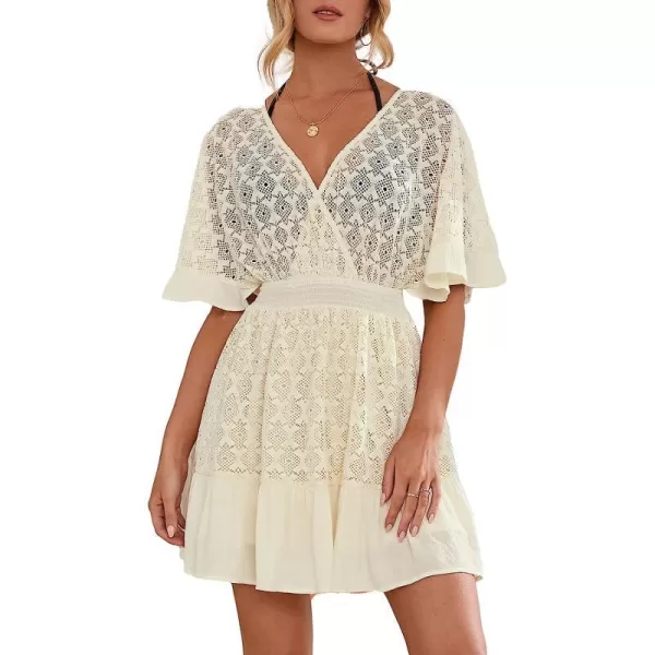 imageCUPSHE Women Dress V Neck Ruffle Hem Above Knee A Shape Dress with Half Bell SleevesBeige