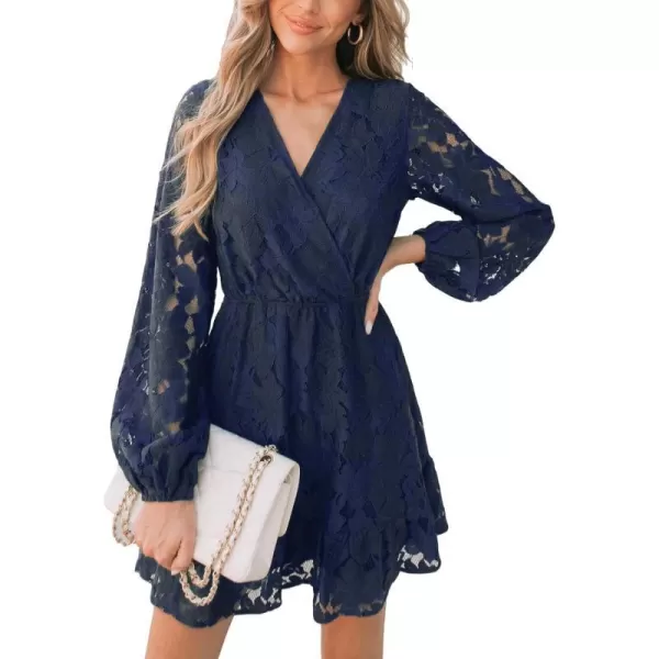 imageCUPSHE Women Elegant V Neck Lace Peasant Sleeves High Waist ALined Wedding Mini DressBlue