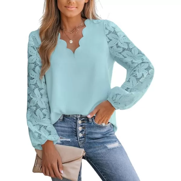 imageCUPSHE Women Floral Lace Scalloped Top Long Sleeve Shirts V Neck BlousesBlue