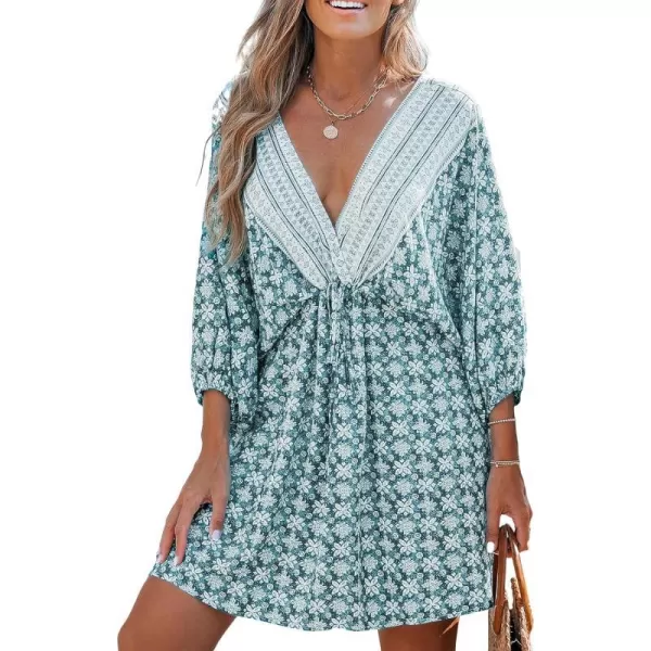 imageCUPSHE Women Floral Ornate Print Tie Front Dress 34 Balloon Sleeves Paisley Beach DressesLight Blue