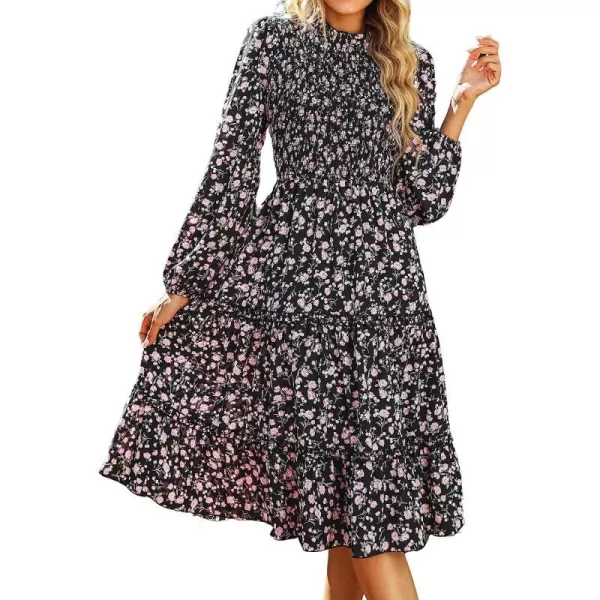 imageCUPSHE Women Floral Print Dress Long Sleeve Mock Neck Smocked Midi DressesBlack