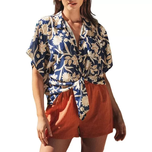 imageCUPSHE Women Floral Print Dropped Shoulder Shirt Short Sleeves Top Open Front Tee CasualBlue