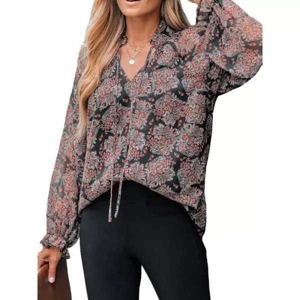 imageCUPSHE Women Floral Print Top Split Neck Tee Blouse Self Tie FrontBlack Floral